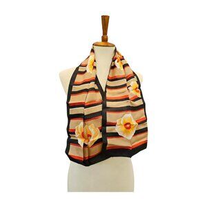 Rectangular floral scarf, large flowers, stripes, gold, red, black 15" x 43"